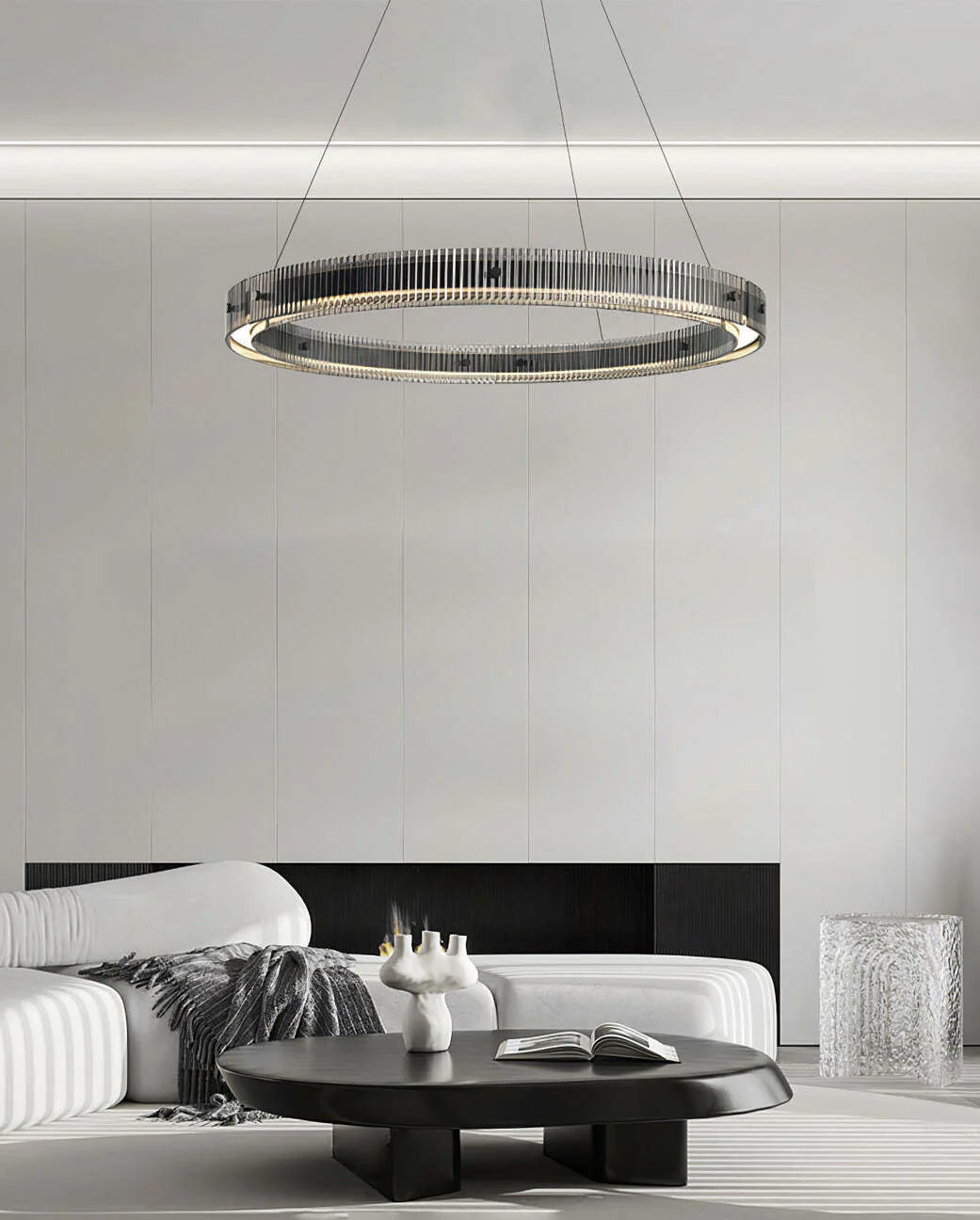 Detailed view of fluted crystal-clear glass ribs and scalloped edge on the luxury black LED ring pendant chandelier.