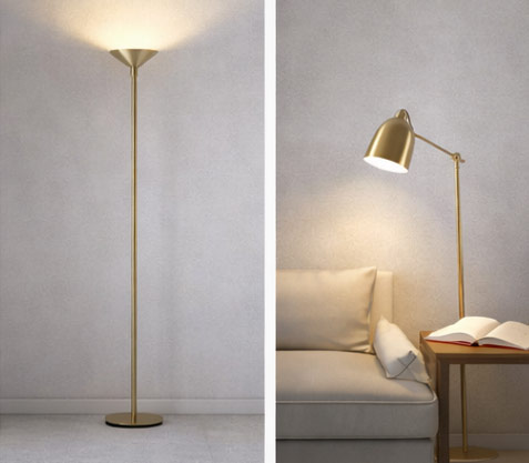 Comparison of upward-facing floor lamp creating soft ambient glow and adjustable downward lamp providing focused reading light in a minimalist interior.