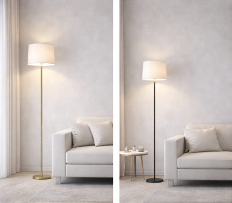 Tall floor lamp styled next to a sofa alongside a slimmer compact design in a smaller space, showing proportional balance within modern interiors.