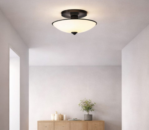 Semi-flush mount light positioned between flush and chandelier styles, offering balanced presence and understated decorative appeal in a modern interior.