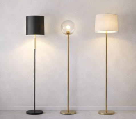 Contemporary floor lamps in metal, glass, and fabric finishes showcasing minimal and sculptural designs in a neutral designer setting.