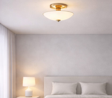 Modern semi-flush mount ceiling light slightly suspended below the ceiling, providing visual interest while maintaining comfortable headroom in a minimalist interior.