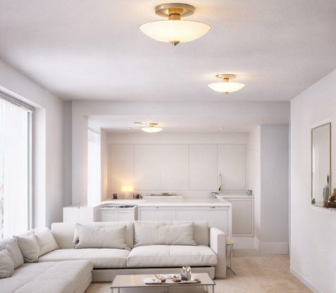 Wider semi-flush mount fixture in a spacious living area contrasted with a slimmer profile in a compact room to demonstrate balanced proportion and scale.