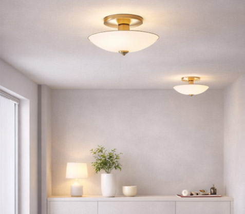 Contemporary semi-flush mount ceiling light casting both upward and downward illumination to create soft ambient lighting in a neutral modern space.